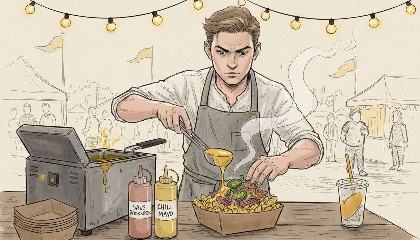 Een medewerker van een foodkraam schept verse loaded fries op tijdens een festival.