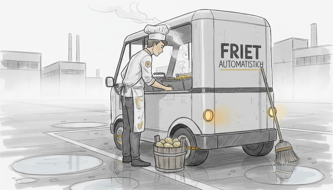 Op het terrein rijdt een frietkar rond, compleet met een kok die ter plekke de lekkerste frietjes bakt.