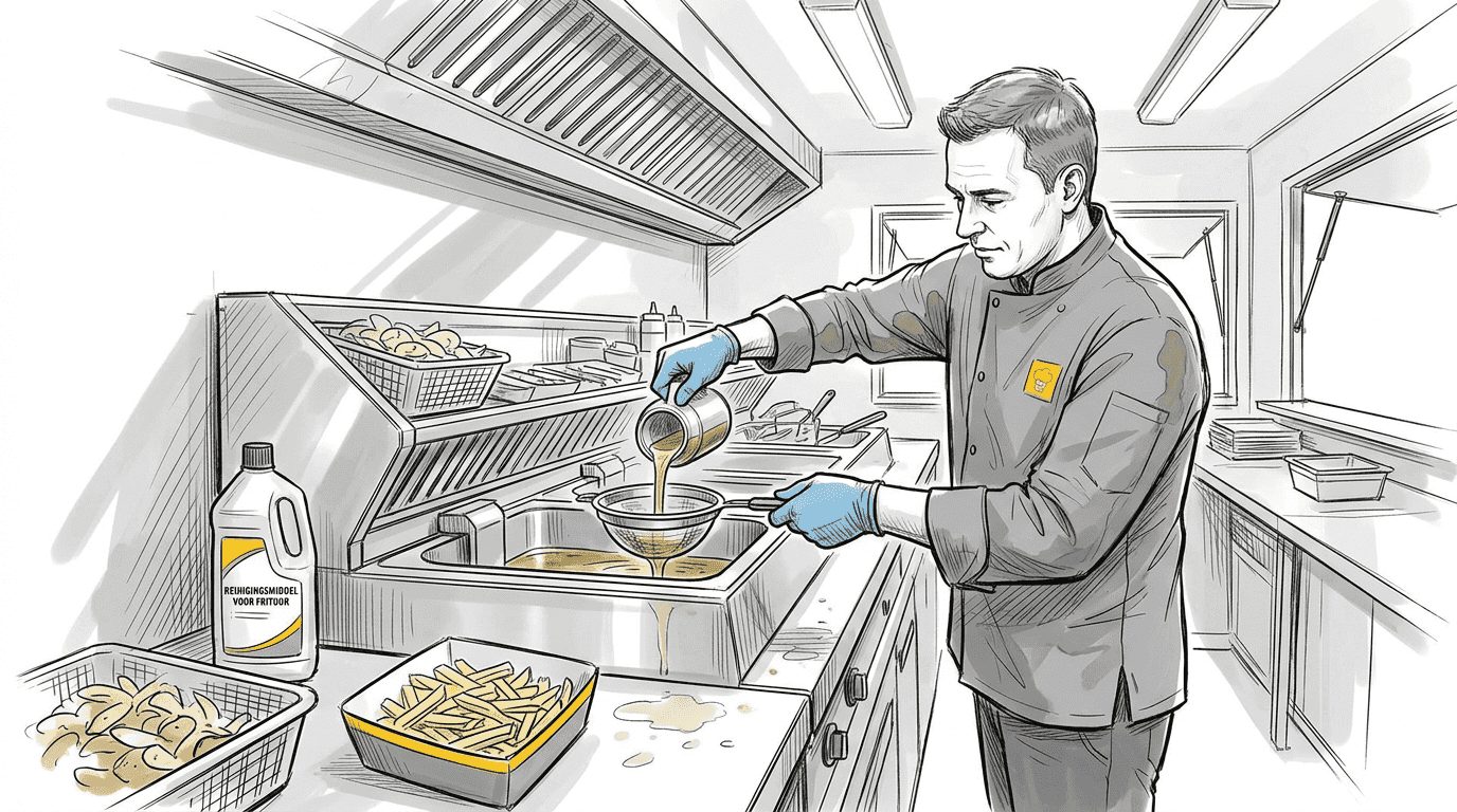 In de keuken van het cateringbedrijf wordt de gebruikte olie zorgvuldig gefilterd, zodat deze langer meegaat en de gerechten van goede kwaliteit blijven.