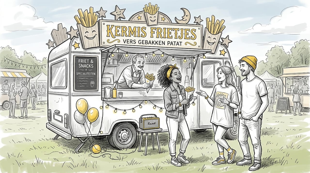 Festivalgangers staan in de rij bij een kleurrijke frietkraam met kermisthema.