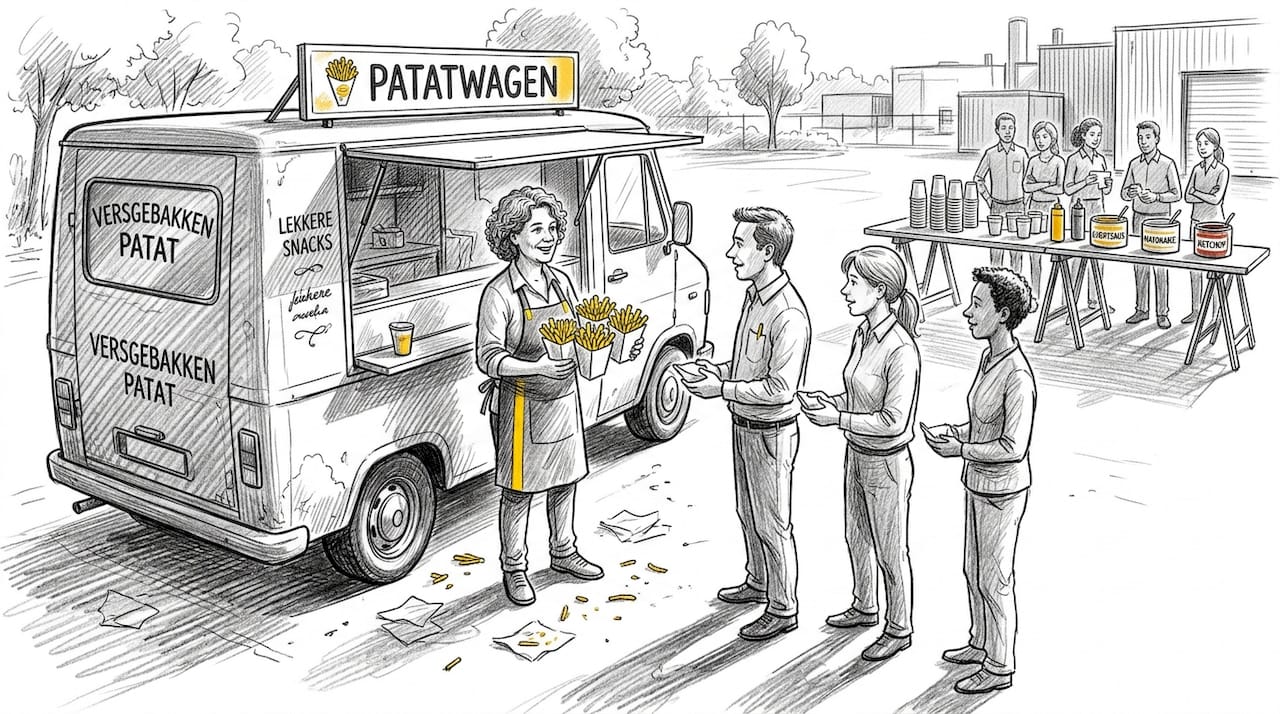 De cateraar trakteert zijn collega’s op een portie verse friet.