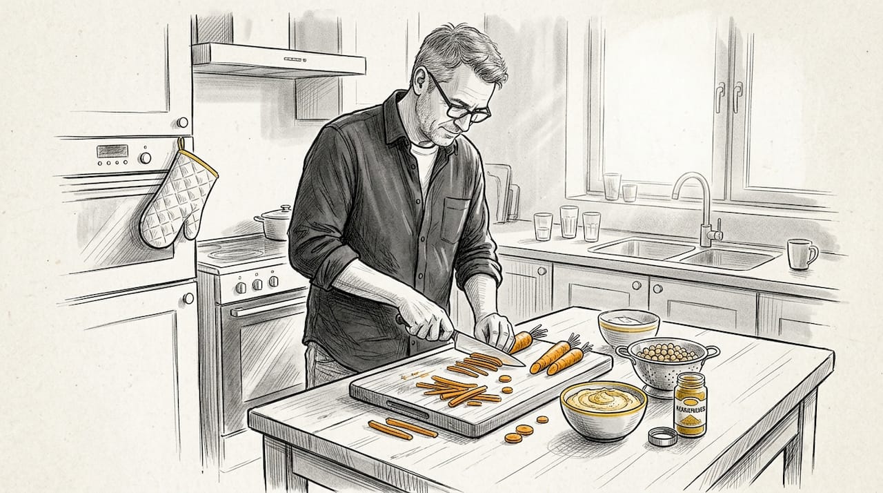 Een man staat in de keuken lekkere vegetarische hapjes te maken.