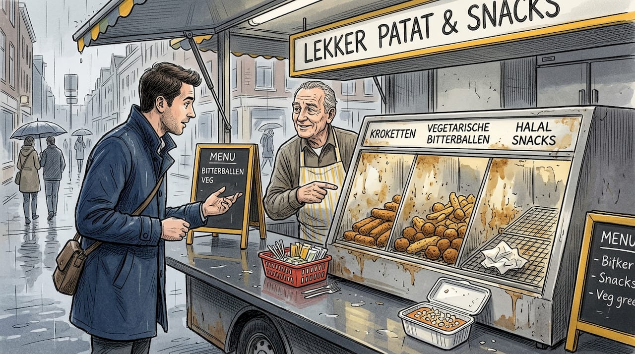 Een klant informeert of er ook vegetarische snacks beschikbaar zijn bij de frietkraam.