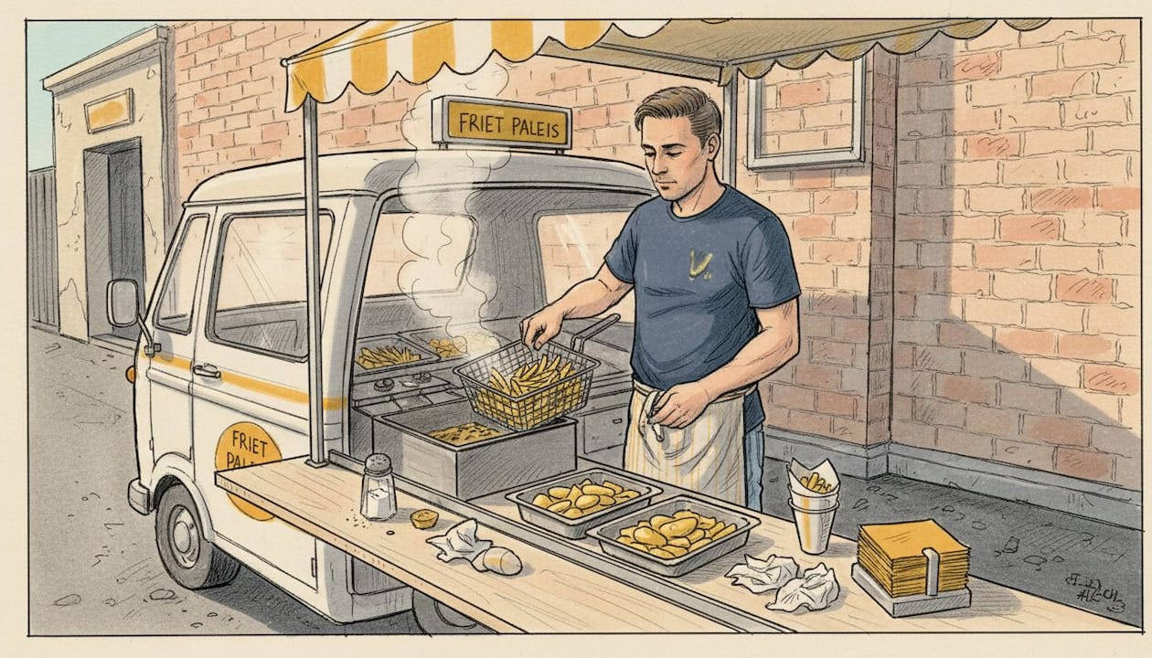 Achter het raam van een foodtruck staat een frietbakker verse frietjes te bereiden.