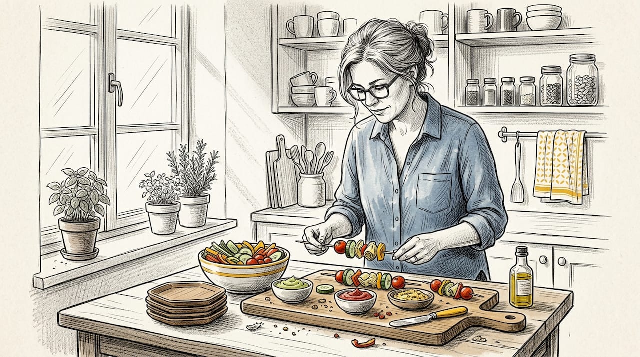 Een vrouw is in de keuken bezig met het mooi schikken van vegetarische hapjes.