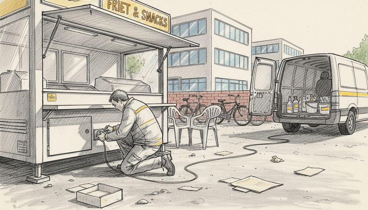Een medewerker checkt of de stroomvoorziening bij de frietkraam in orde is.