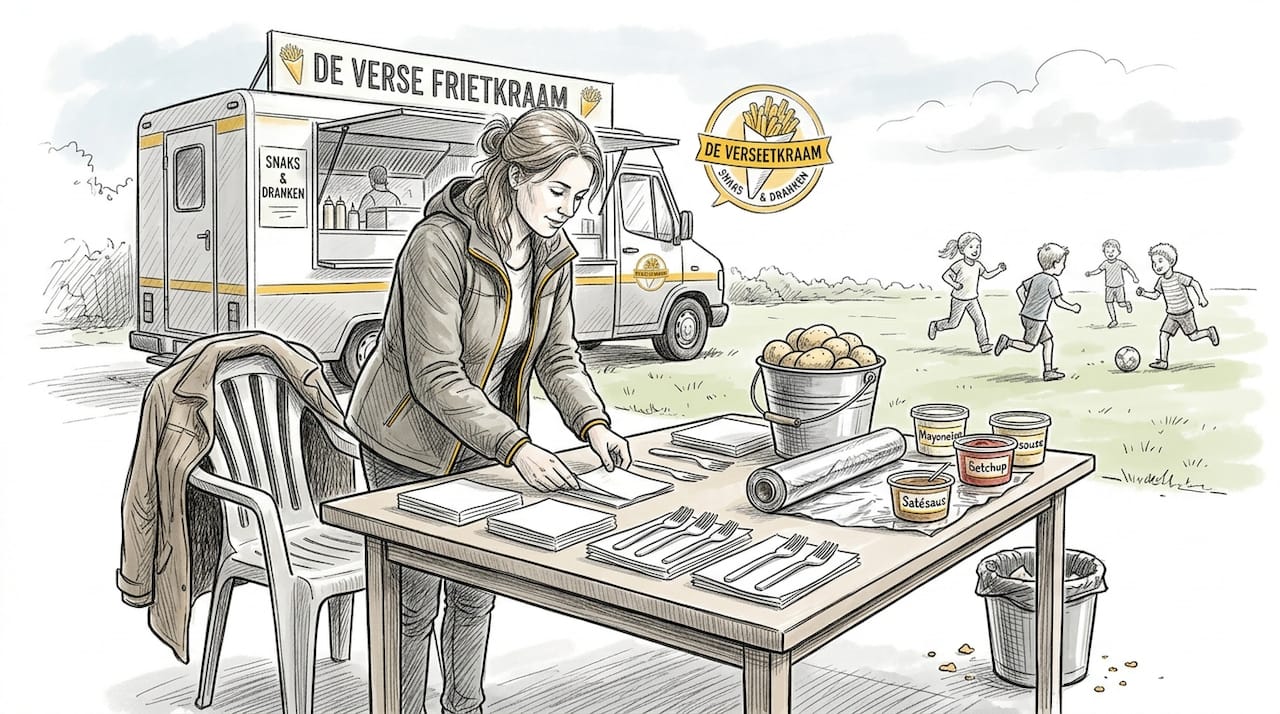 Een vrouw is druk bezig met het verzorgen van de catering bij een frietkraam.
