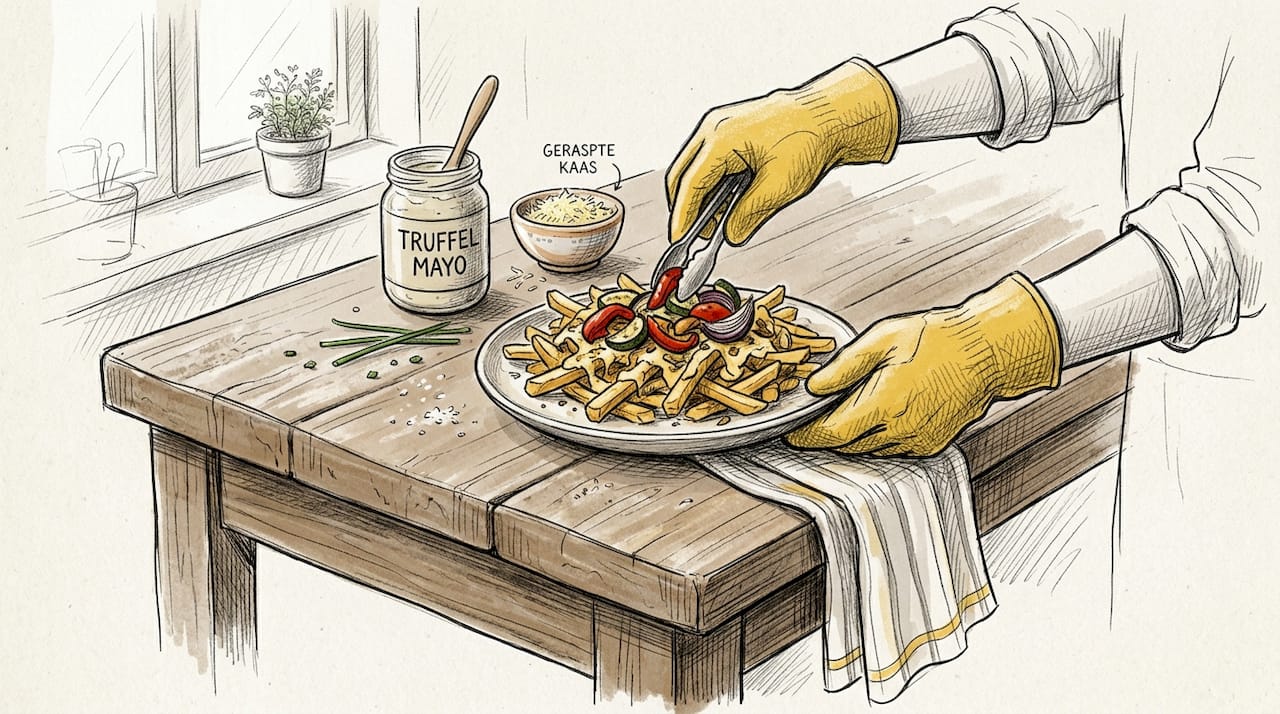 Handen die extra toppings over een portie loaded fries strooien