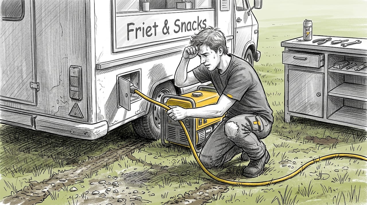 Een monteur zorgt ervoor dat de frietkraam wordt aangesloten op het aggregaat.