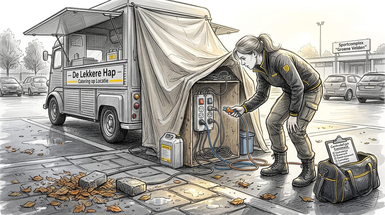 De organisator controleert of de frietkraam voldoende stroom heeft.
