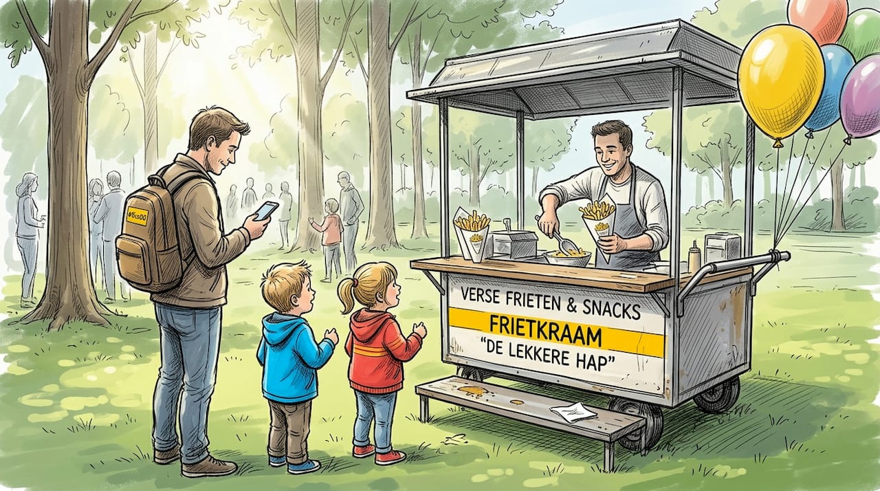 Een groepje kinderen staat ongeduldig te wachten bij de frietkraam in het park.