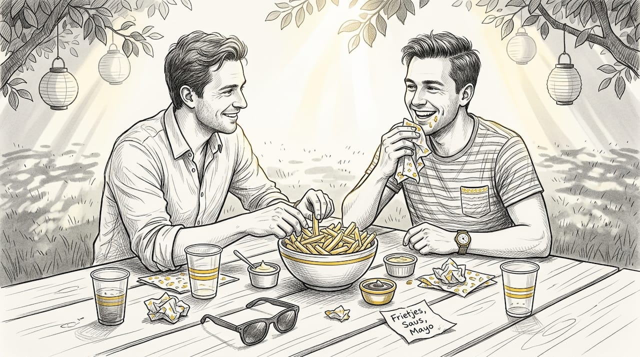 Met z’n allen zitten vrienden aan een picknicktafel in de tuin en delen samen een grote schaal friet.