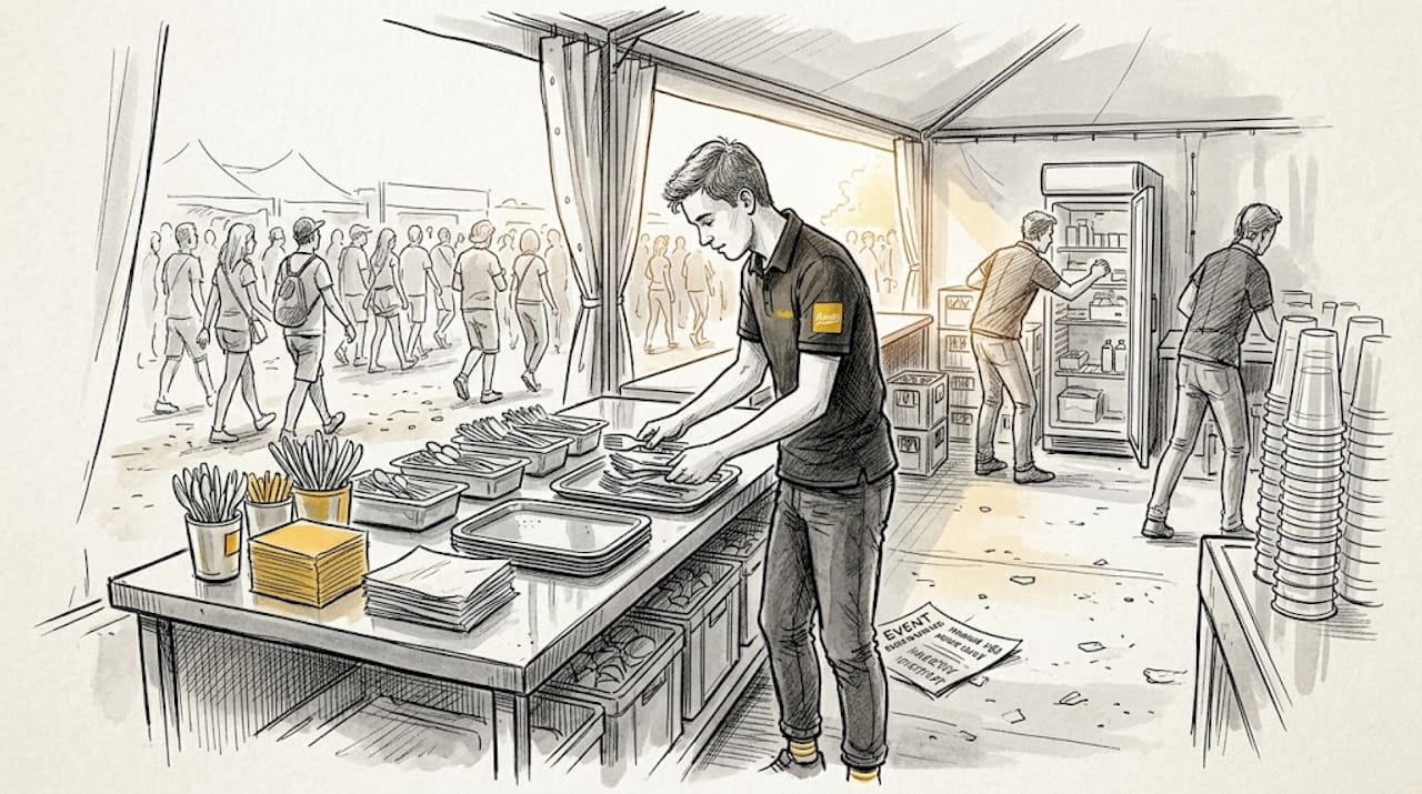 Het team van medewerkers zorgt voor de cateringwagen op het festival.