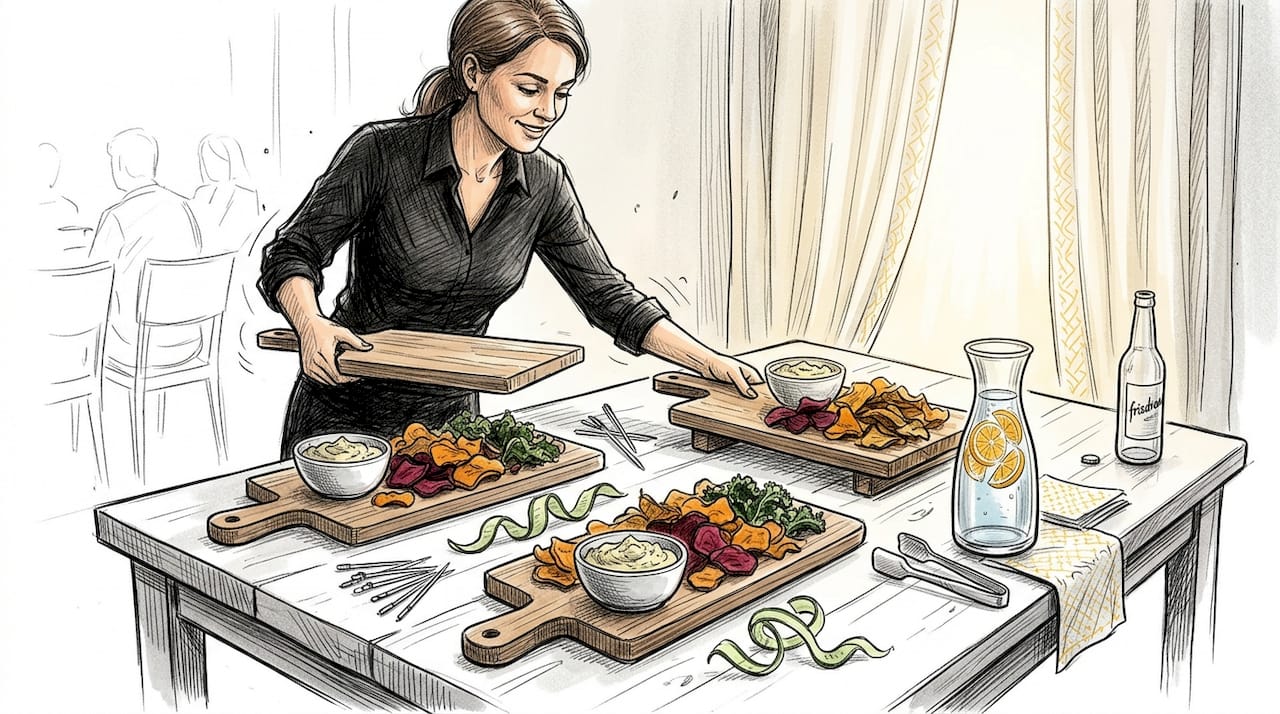 Gezond gepresenteerde snacktafel, regelmatig aangevuld door een medewerker