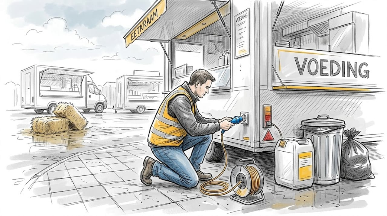 Een monteur sluit de foodtruck aan op het elektriciteitsnet.