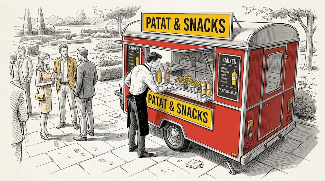 Een cateraar zet een feestelijke snackkar klaar voor een bruiloft.