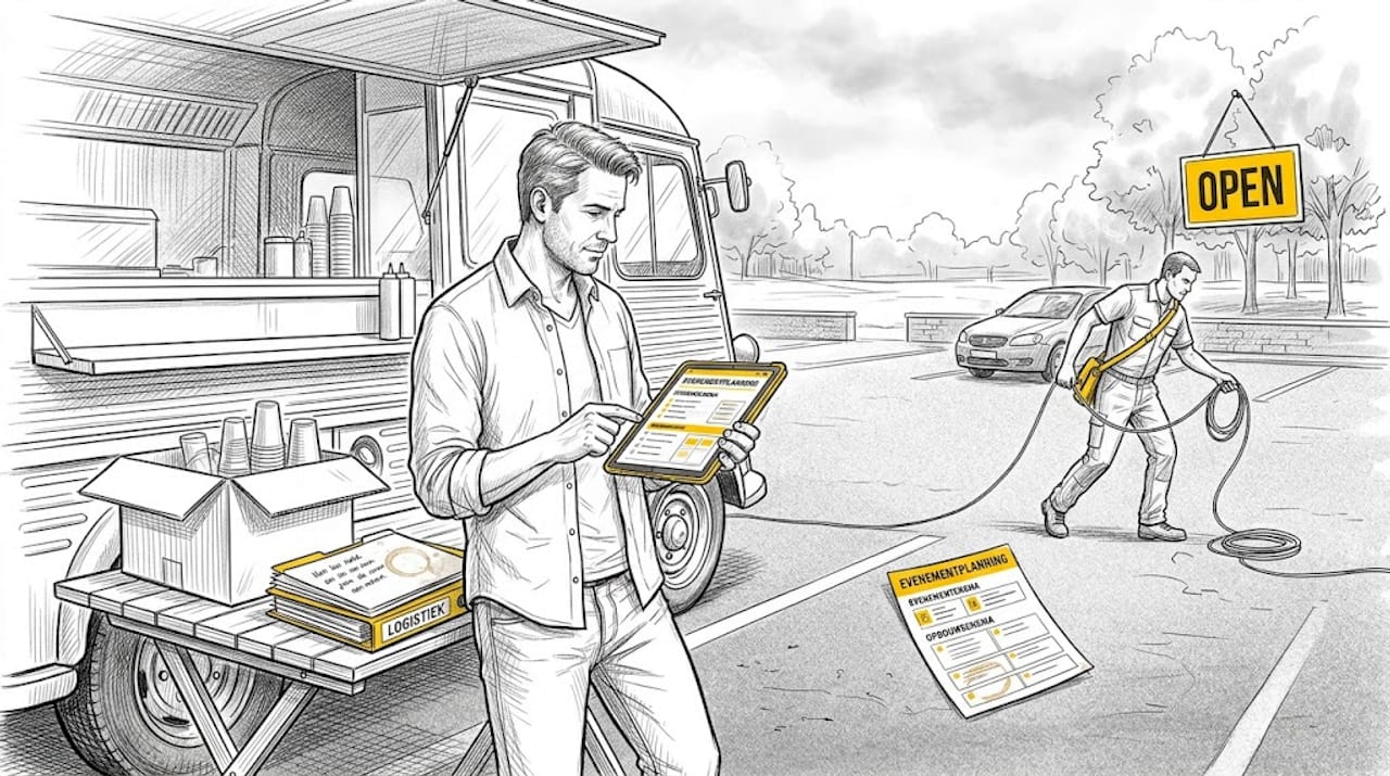 De organisator loopt even langs bij de foodtruck om de planning door te nemen.