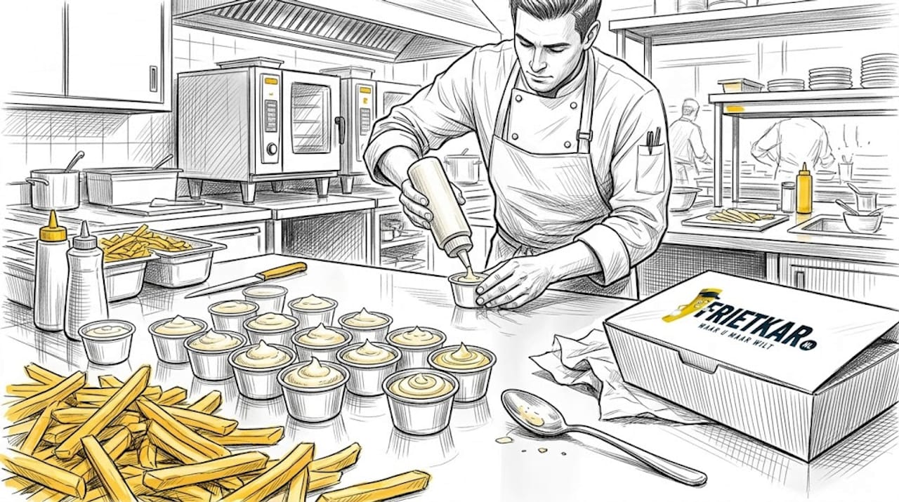 In de cateringkeuken worden verse frietjes geserveerd met bakjes mayonaise.