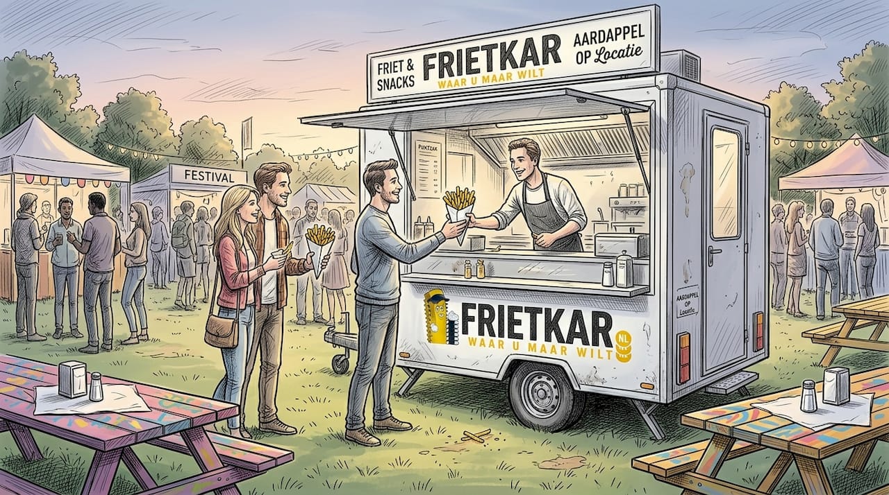 Een frietwagen op locatie die gasten buiten van verse frietjes en snacks voorziet.