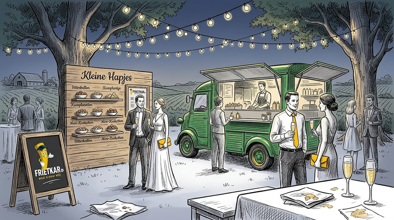 Terwijl de bruiloft in volle gang is, smullen de gasten van lekkere hapjes bij de foodtruck en de populaire snackmuur.
