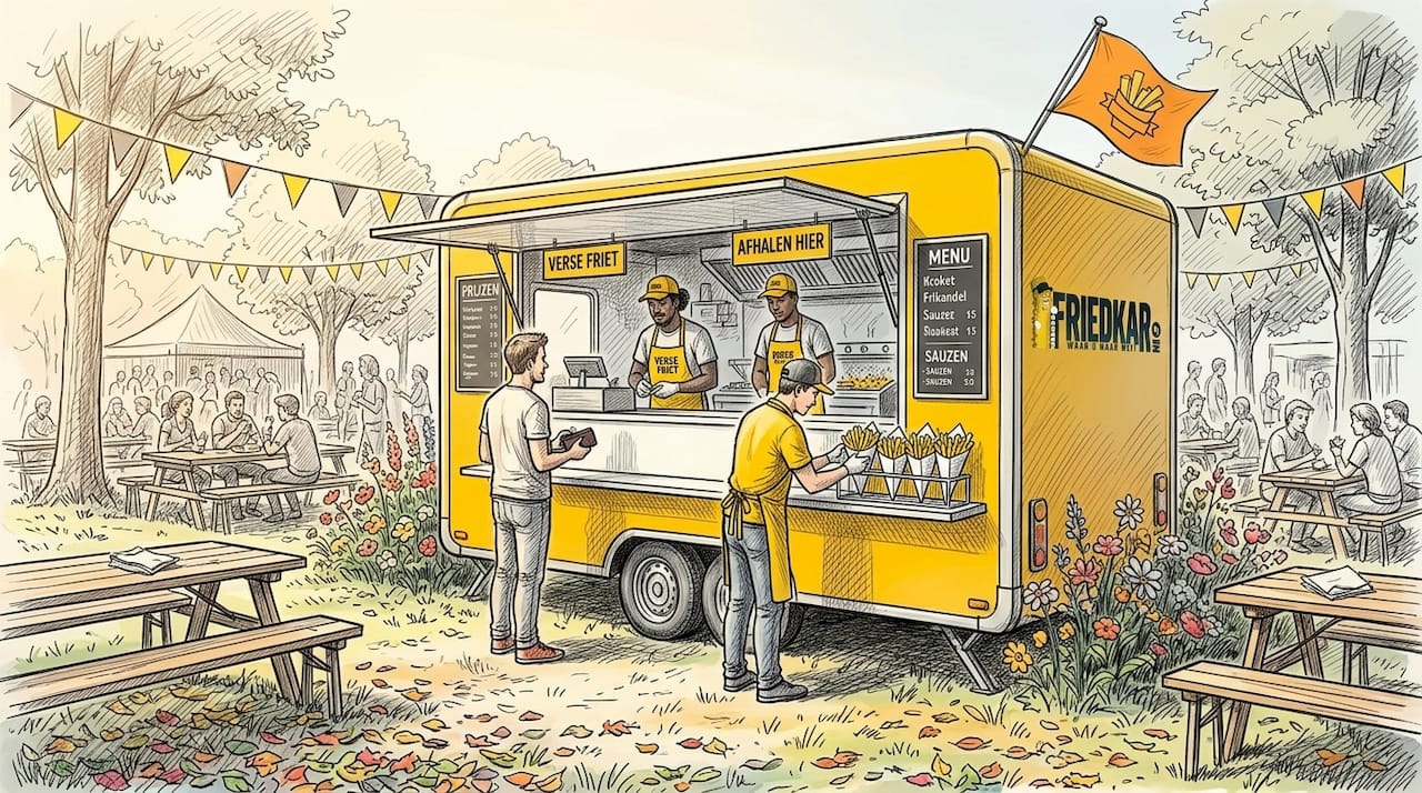 Het team van de foodtruck deelt lekkere gerechten uit aan bezoekers in het park.