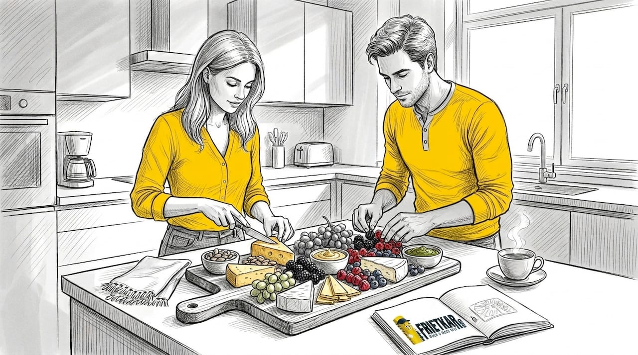 In de keuken staan twee mensen samen een borrelplank klaar te maken.