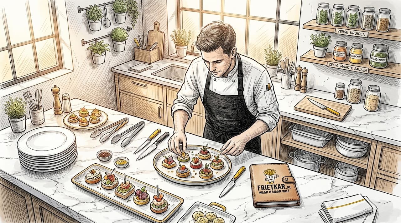 De cateraar stelt het buffet samen in een goed uitgeruste, professionele keuken.