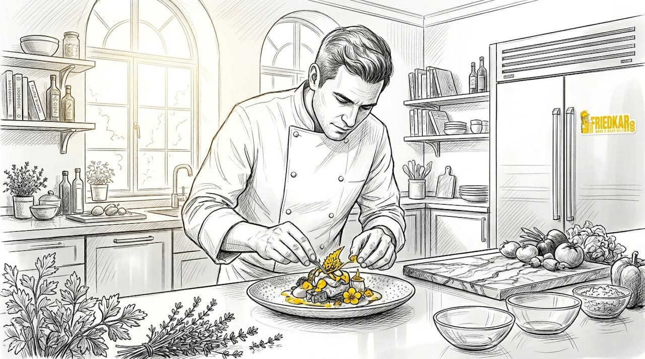 In de keuken legt de chef de laatste hand aan een verfijnd culinair meesterwerk.