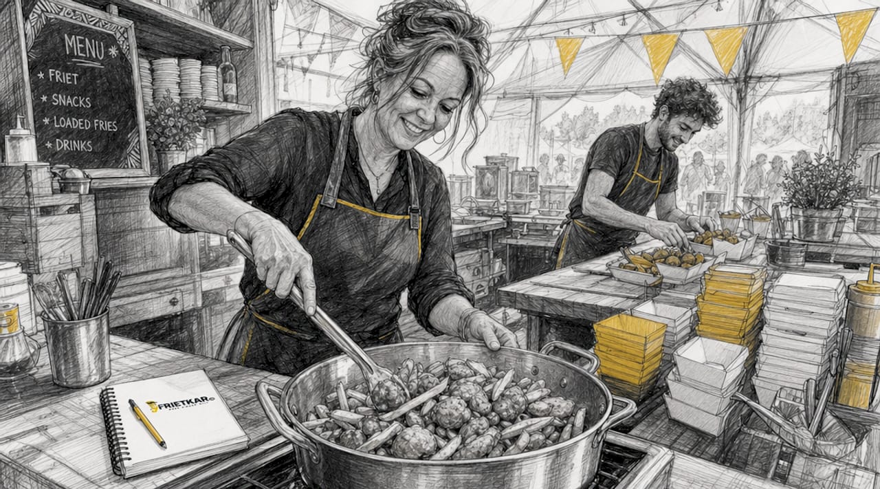 Een festivalcateraar is druk in de weer met het bereiden van eten in een grote tent.