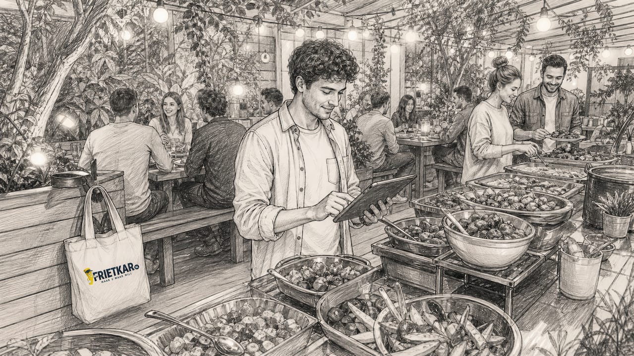 Man plaatst digitale bestelling bij het buffet