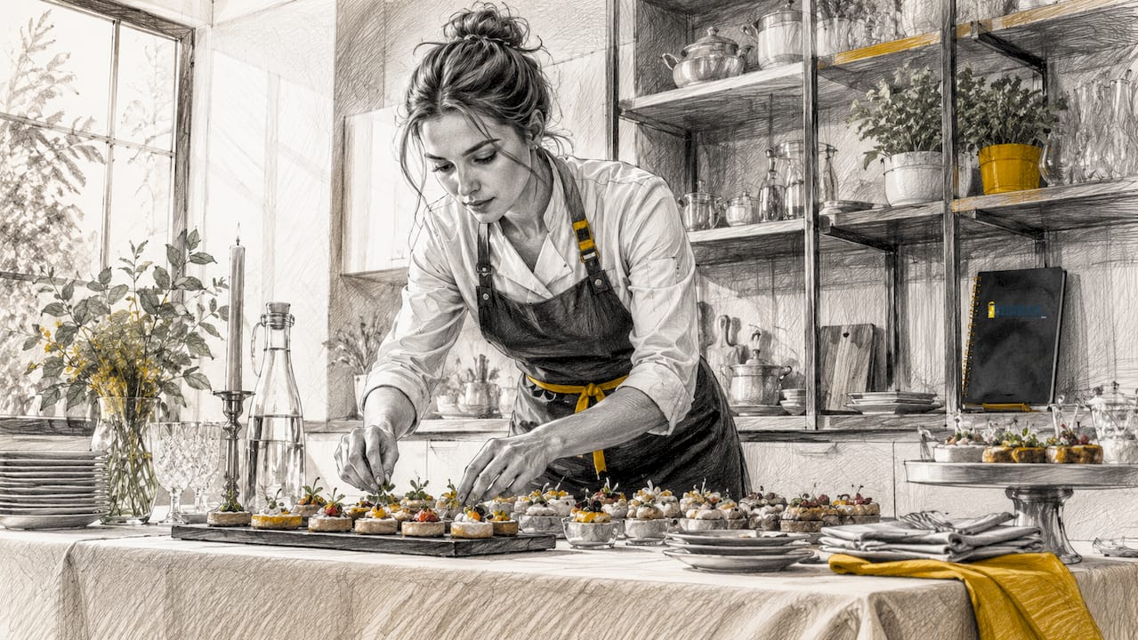 Een cateraar legt de laatste hand aan de borrelhapjes voor het evenement.
