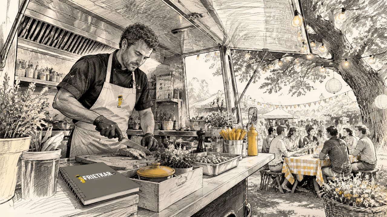 Op locatie tovert een chef heerlijke gerechten uit een mobiele keuken tijdens het evenement.