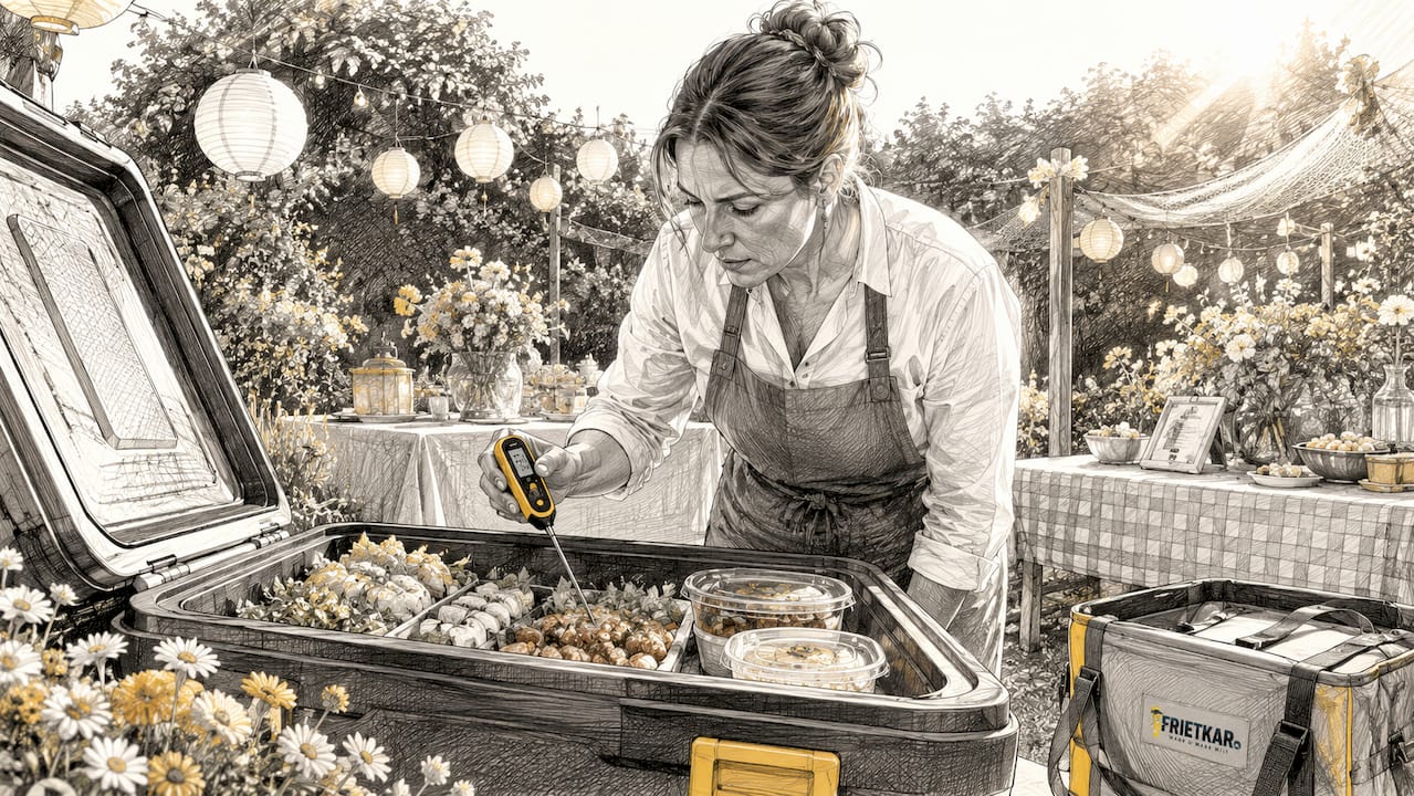 De cateraar meet de temperatuur van het eten op locatie
