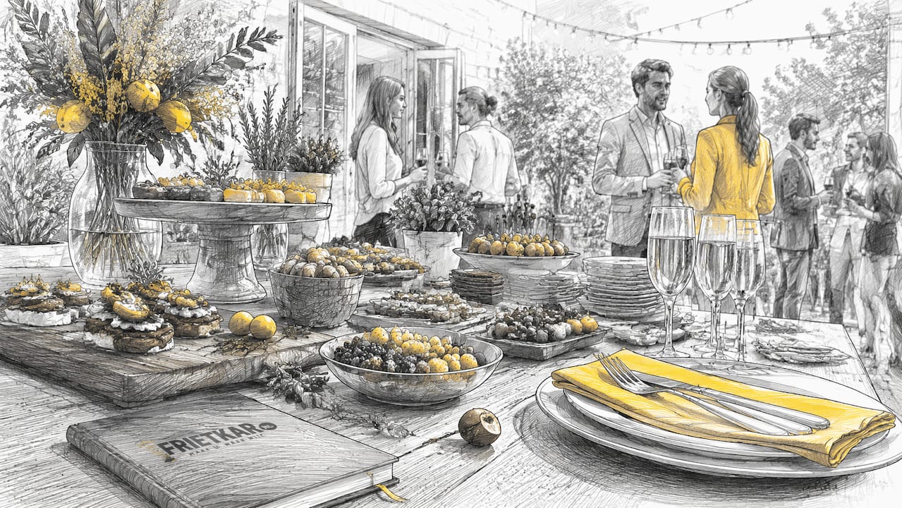Een buffet dat tot in detail levensecht wordt gepresenteerd, helemaal passend in een warme en uitnodigende sfeer.