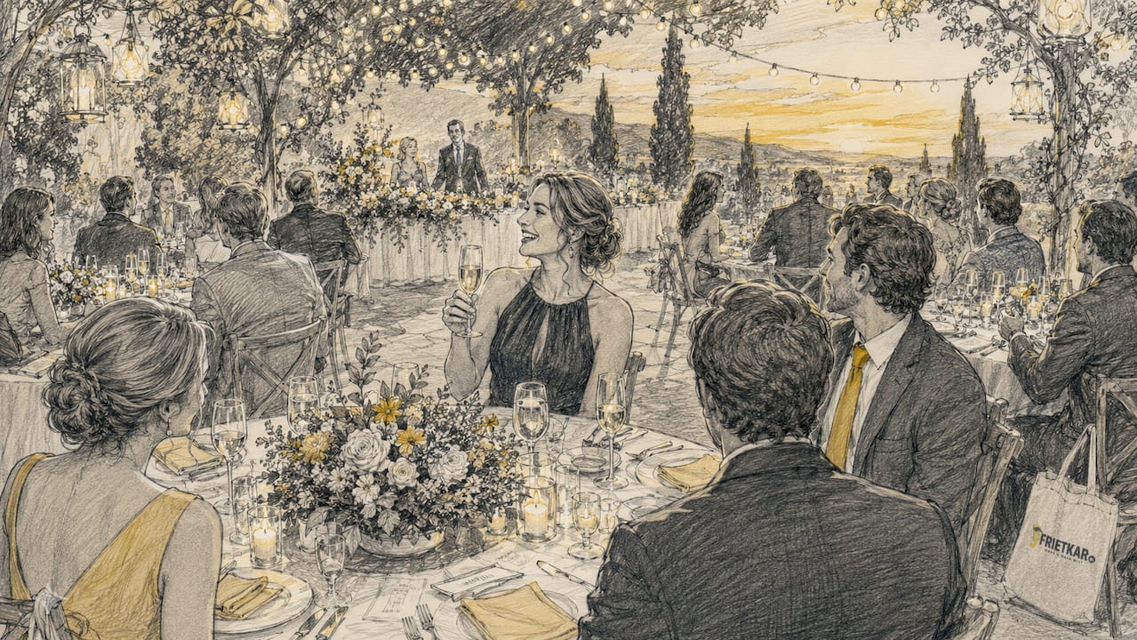 Een vrouw geniet zichtbaar van een sfeervol diner tijdens een bruiloft.