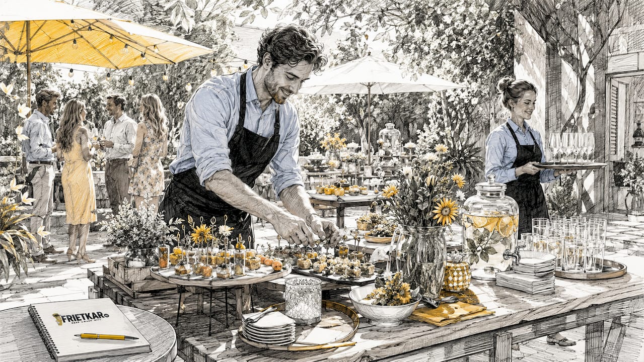 In een sfeervolle, lichte zaal zet de cateraar het buffet klaar voor het evenement.