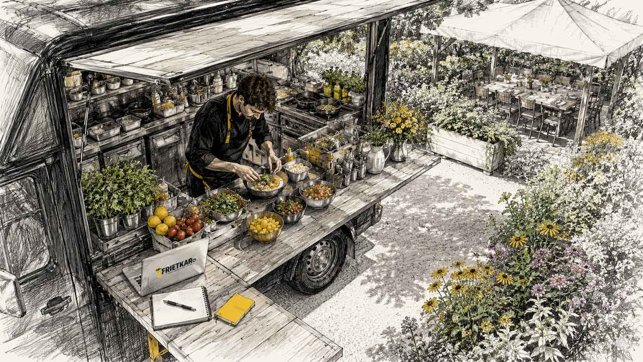 Een foodtruckchef die ter plaatse heerlijke gerechten bereidt