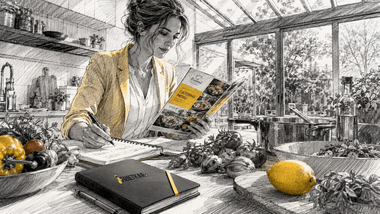 De eventplanner neemt de cateringplanning onder de loep.