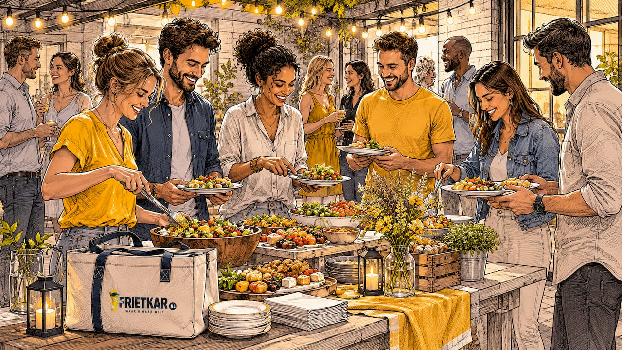 Op het feest kunnen de gasten zelf hun eten opscheppen bij het buffet.
