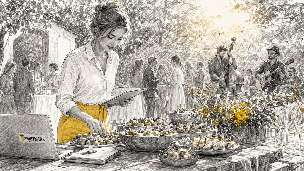 Een eventorganisator die een buffet met live cooking verzorgt