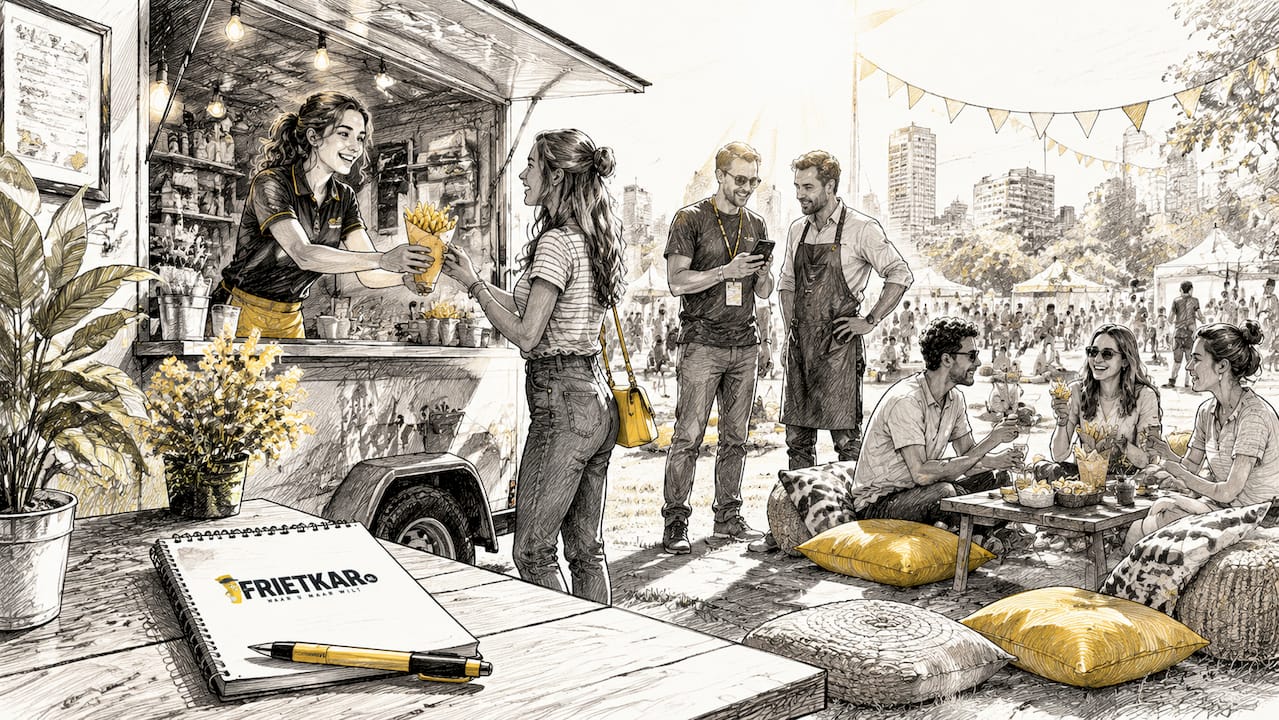 De eigenaar van de frietkraam trakteert festivalgangers op verse patat.
