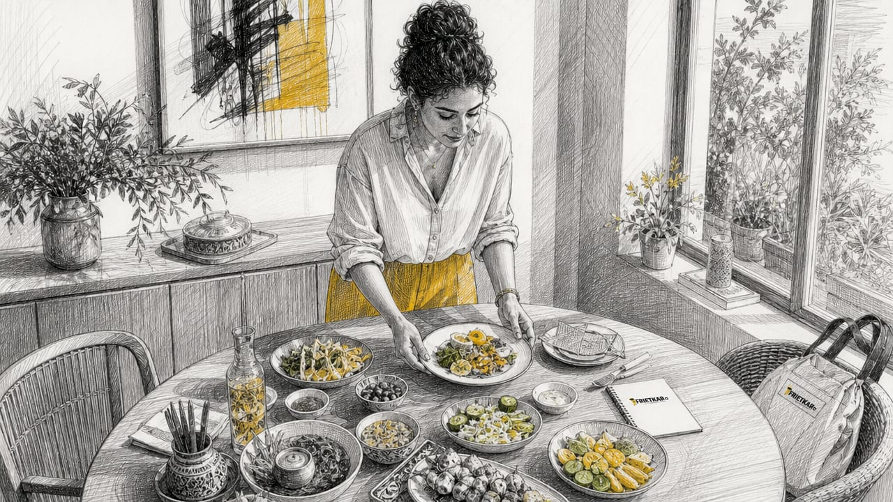 De cateraar stelt een verrassend themamenu samen en bereidt alles in een professionele keuken.