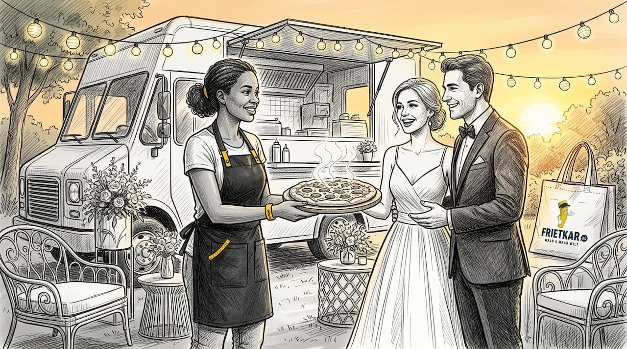 Een chef bakt ter plekke verse pizza’s vanuit een foodtruck op een bruiloft.