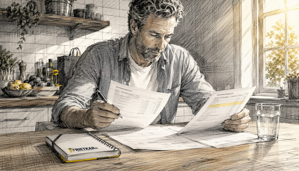 Man bekijkt en vergelijkt verschillende cateringoffertes achter zijn bureau
