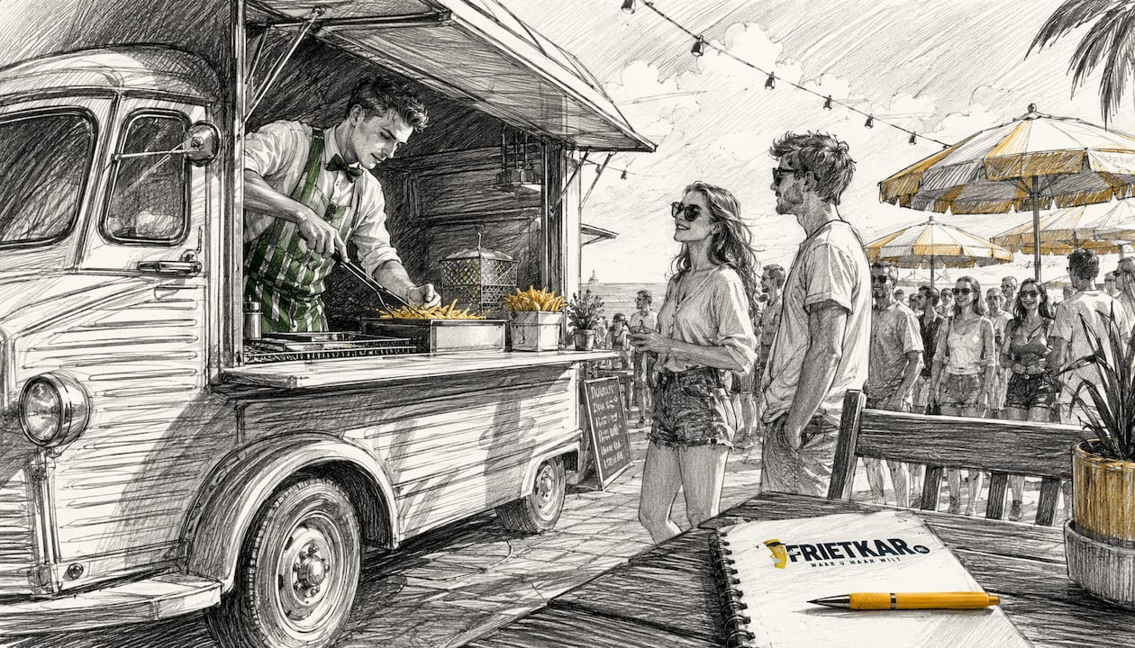 Een frietkraam die staat te bakken op een gezellig, drukbezocht buitenevenement.