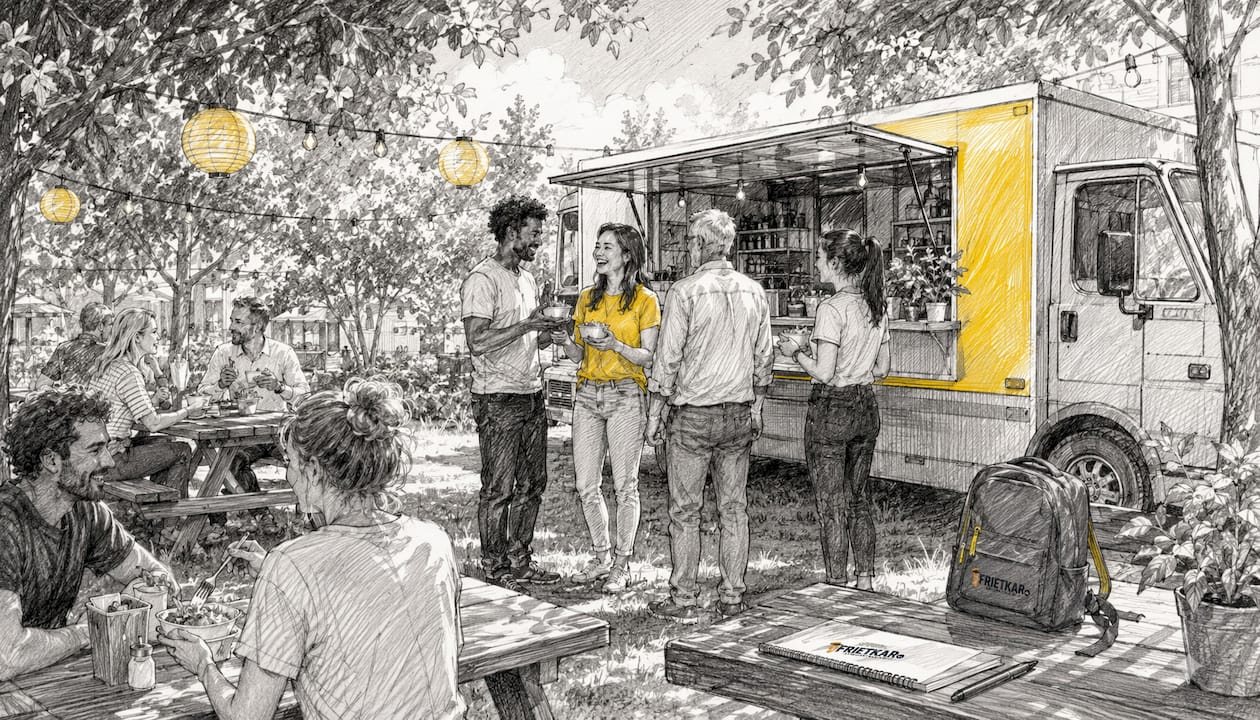 Tijdens de teamdag verzamelen collega’s zich buiten bij de foodtruck om met elkaar bij te praten en te genieten van lekker eten.