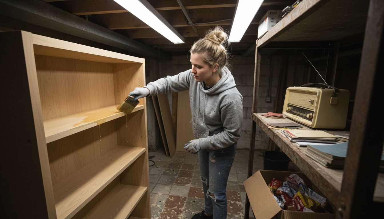 Applying varnish to maple bookshelf corner
