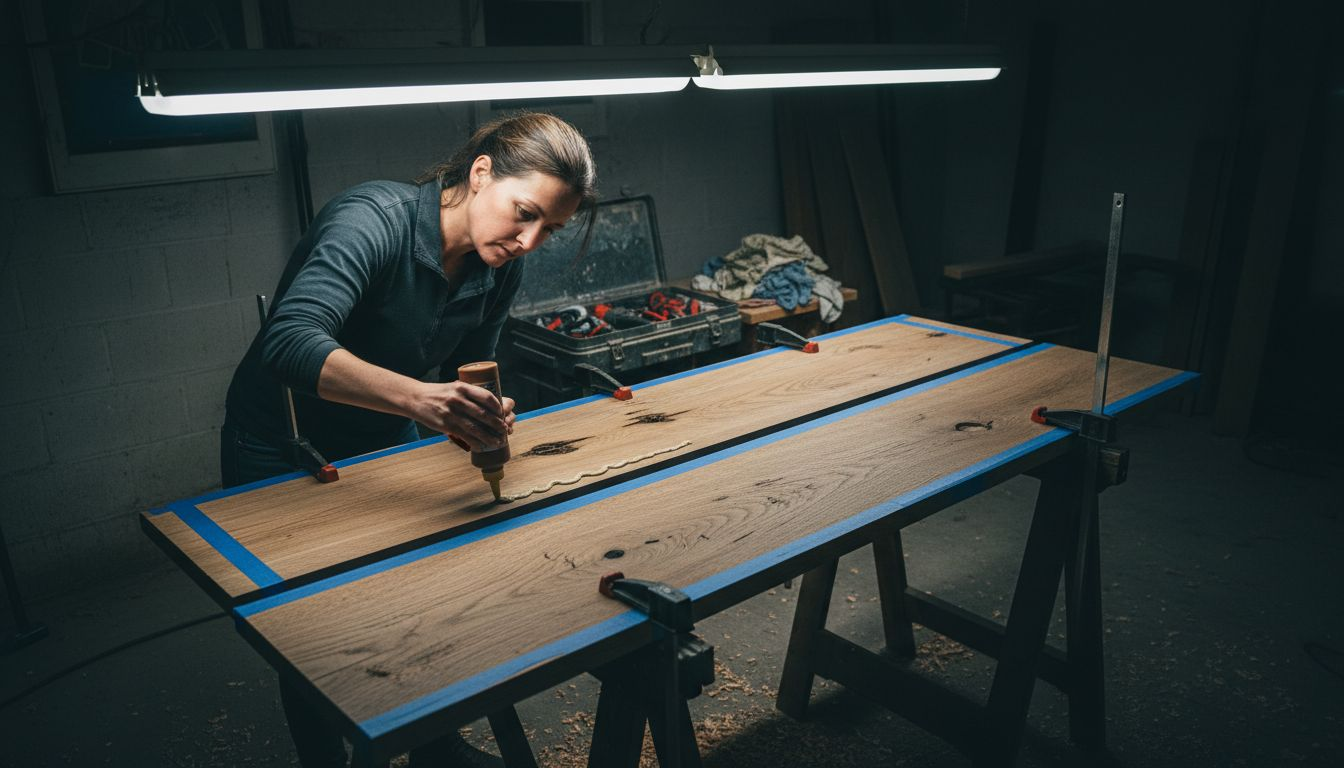 Gluing and taping tabletop boards in workshop