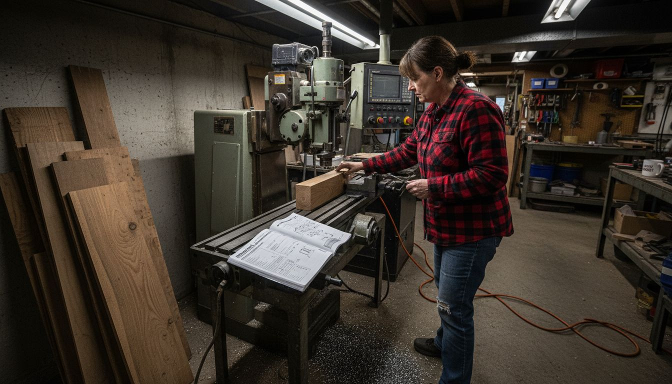 Woman tuning settings for CNC wood milling