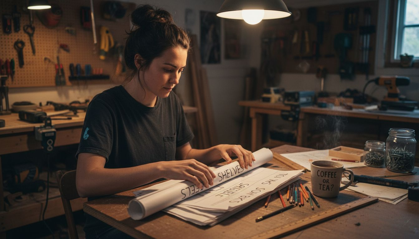 Woman sorting labeled woodworking plans